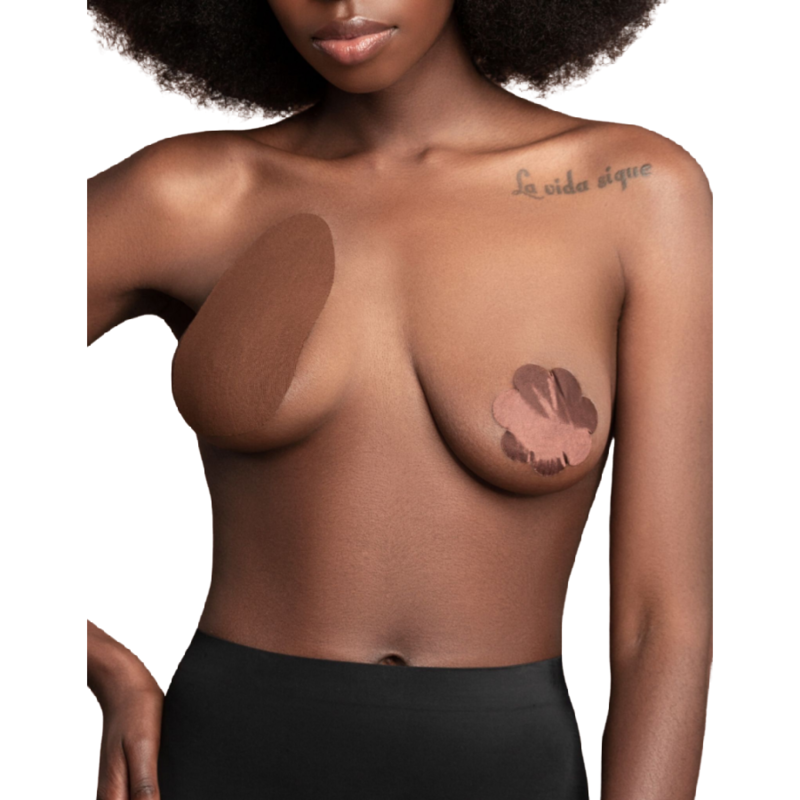 BYE BRA BRUST LIFT PADS + 3 PAARE SATIN NIPPEL ABDECKUNGEN - DUNKELBRAUN GRÖSSE FH – Bild 2